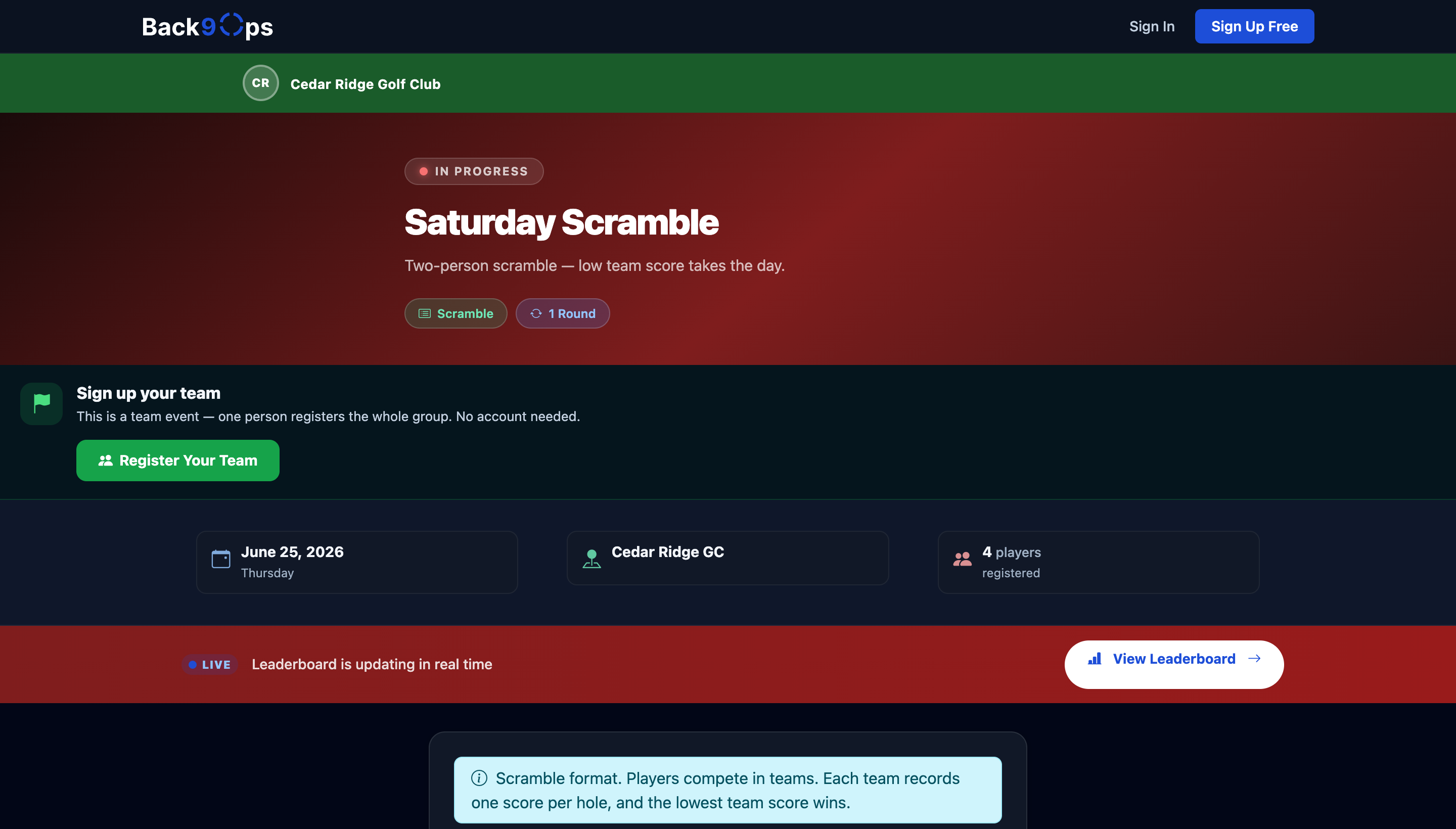 A Back9Ops public event page — the event details, entry fee, and a register button players use from their phone