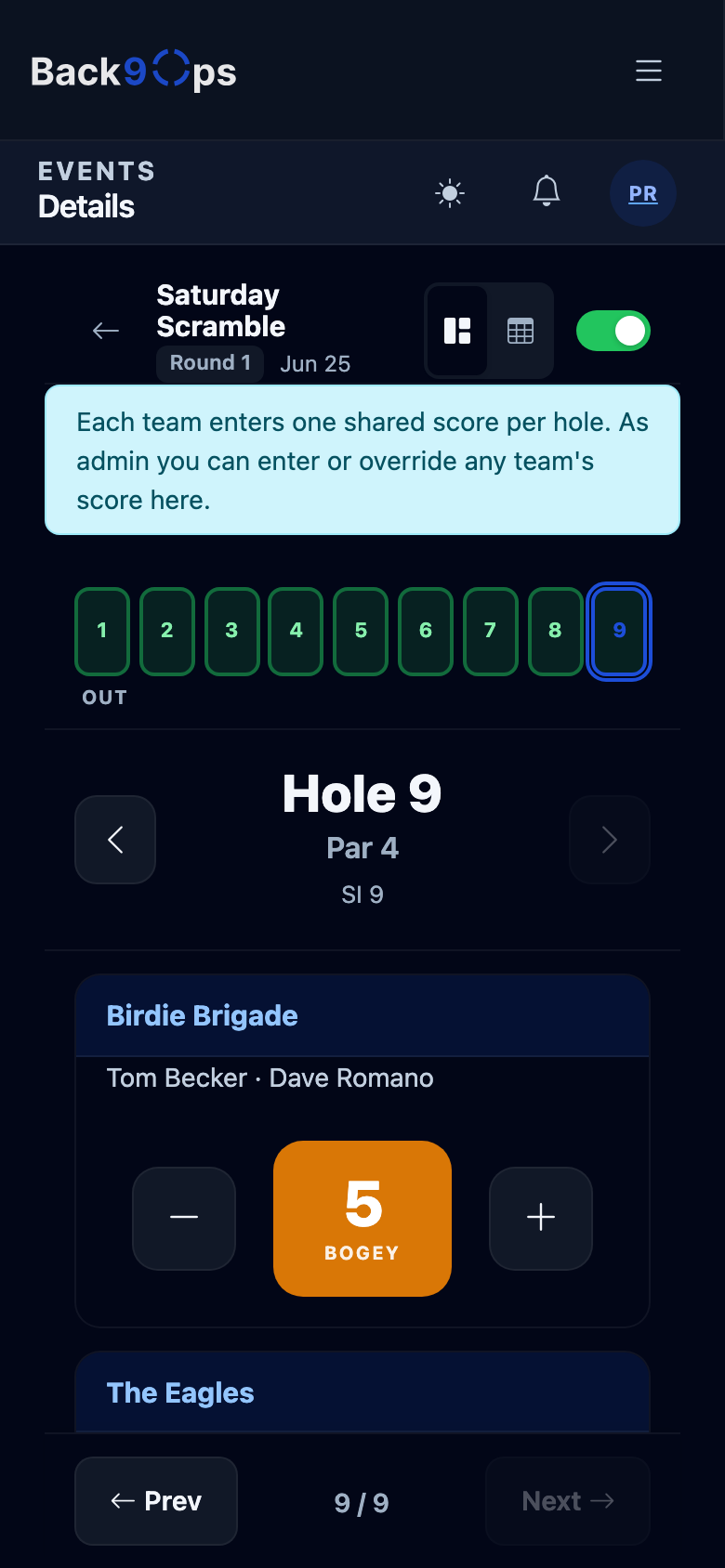 Back9Ops scoring on a phone — tap to enter your score, hole by hole